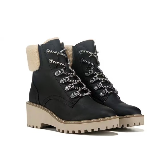 Dolce vita folksy black Faux Shearling ankle Girl block 2" heel combat boot Sz 1 - Picture 1 of 11